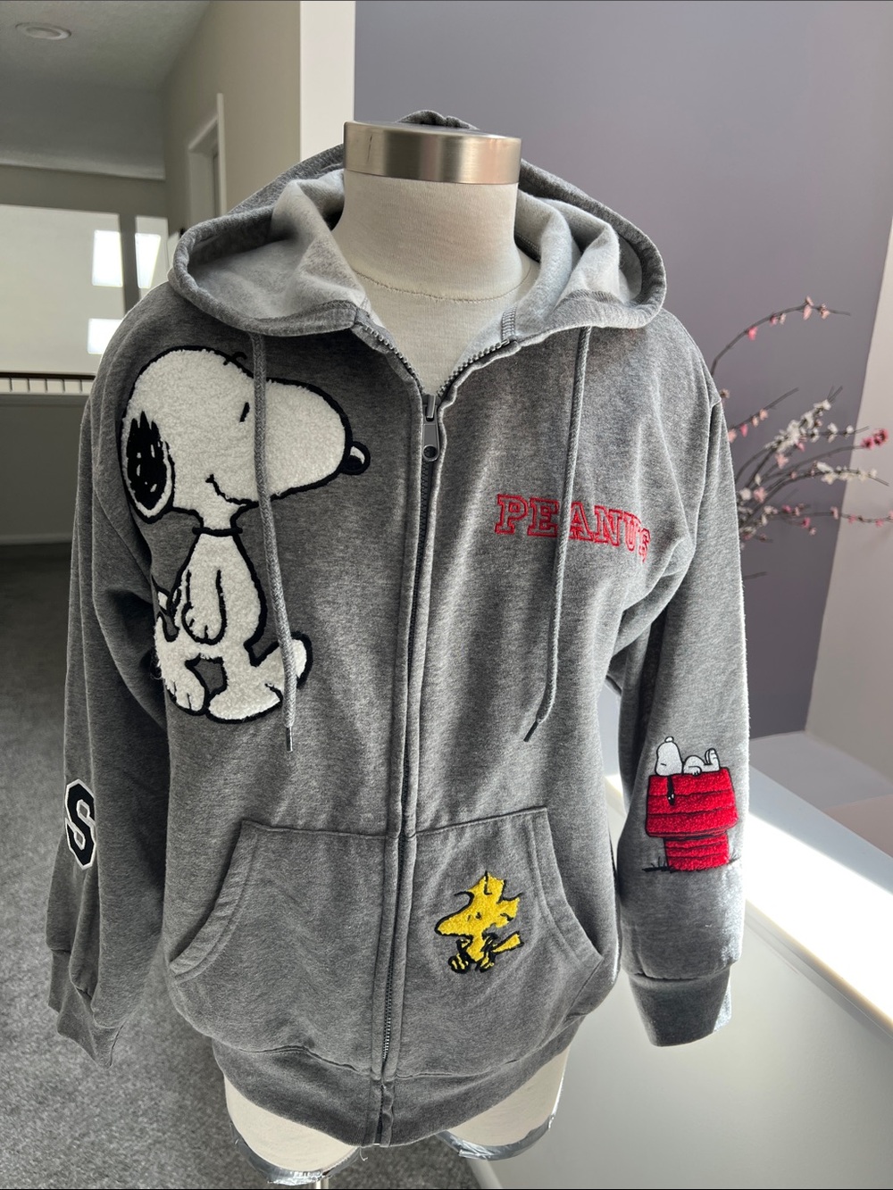 Peanuts Grey Hoodie with Snoopy & Woodstock Patches -
